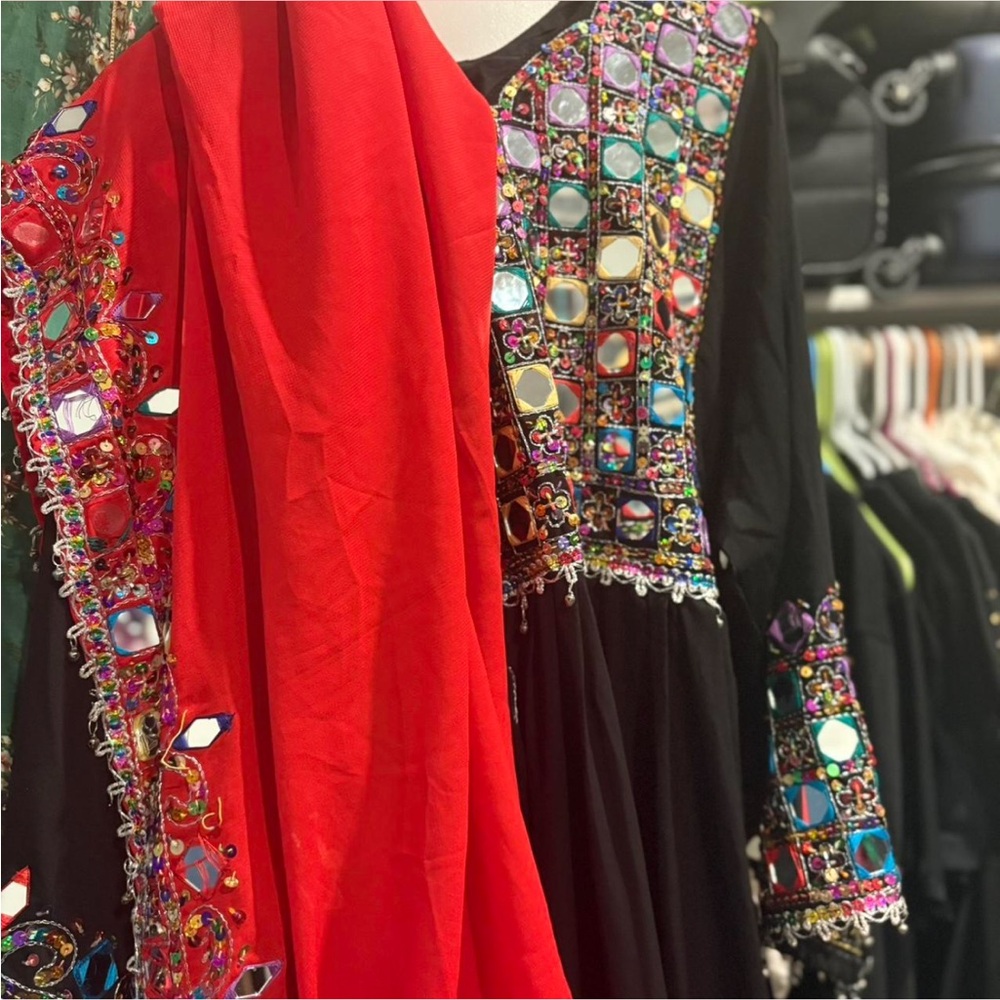 Beautiful red and black afghan dress embroidered dress with mirror work